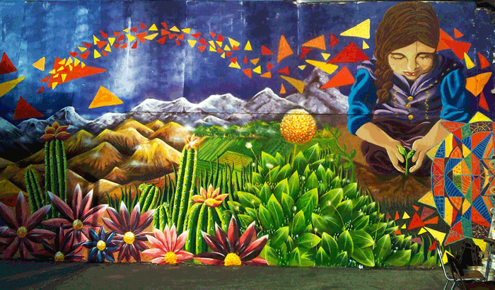 Participative mural in Colegio Los carrera school in San Miguel, Santiago de Chile. Project of Colectivo Causa, 2014.